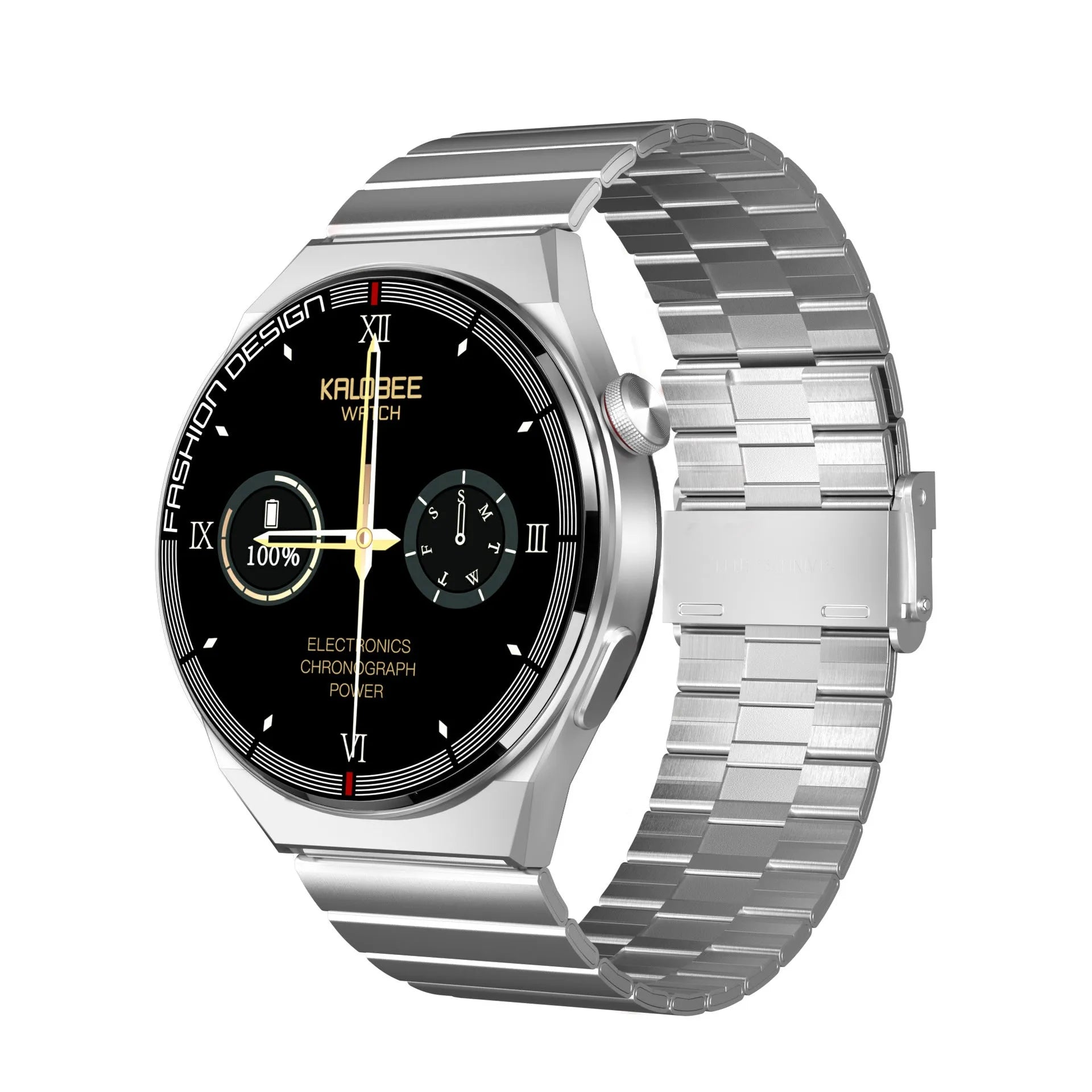 Black and silver smartwatch on wrist showing heart rate monitoring display with silicone and leather strap options.