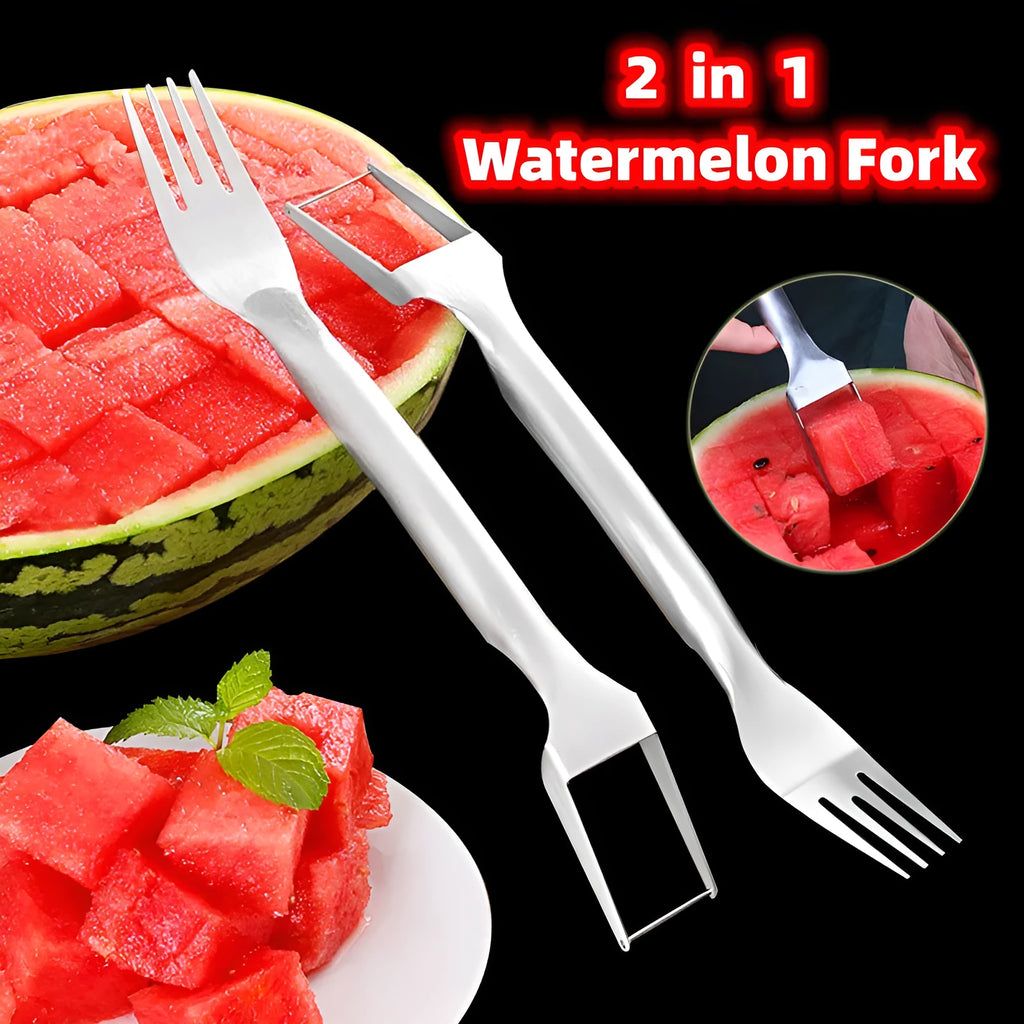 Silver stainless steel watermelon fork slicer with extended handle and rounded fork head