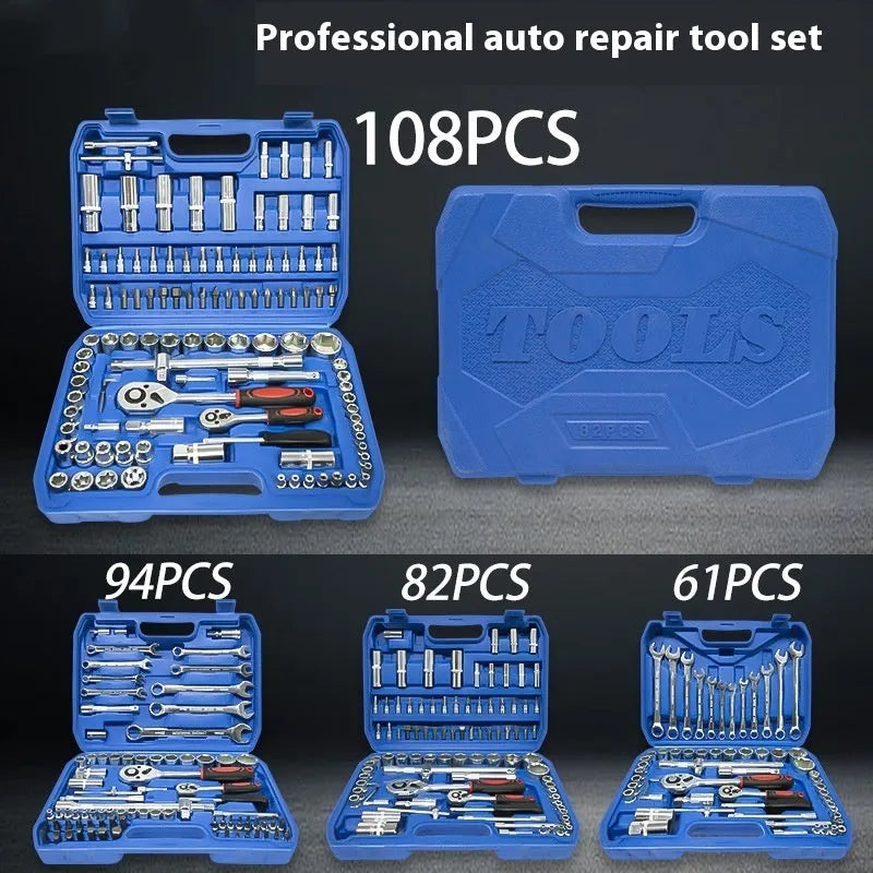 82-piece auto repair tool set in galvanized blue case with carbon steel ratchet wrenches