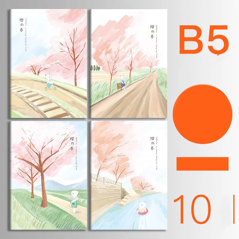 Ten soft cover thread-bound notebooks in A5 and B5 sizes with various designs