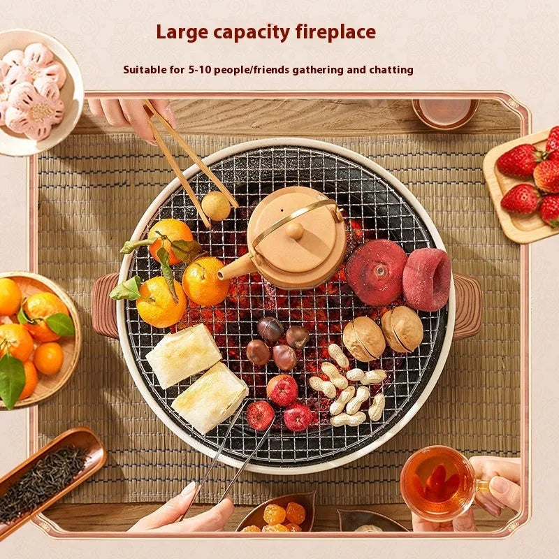 Portable indoor charcoal cooking stove with grill rack, modern simple design.