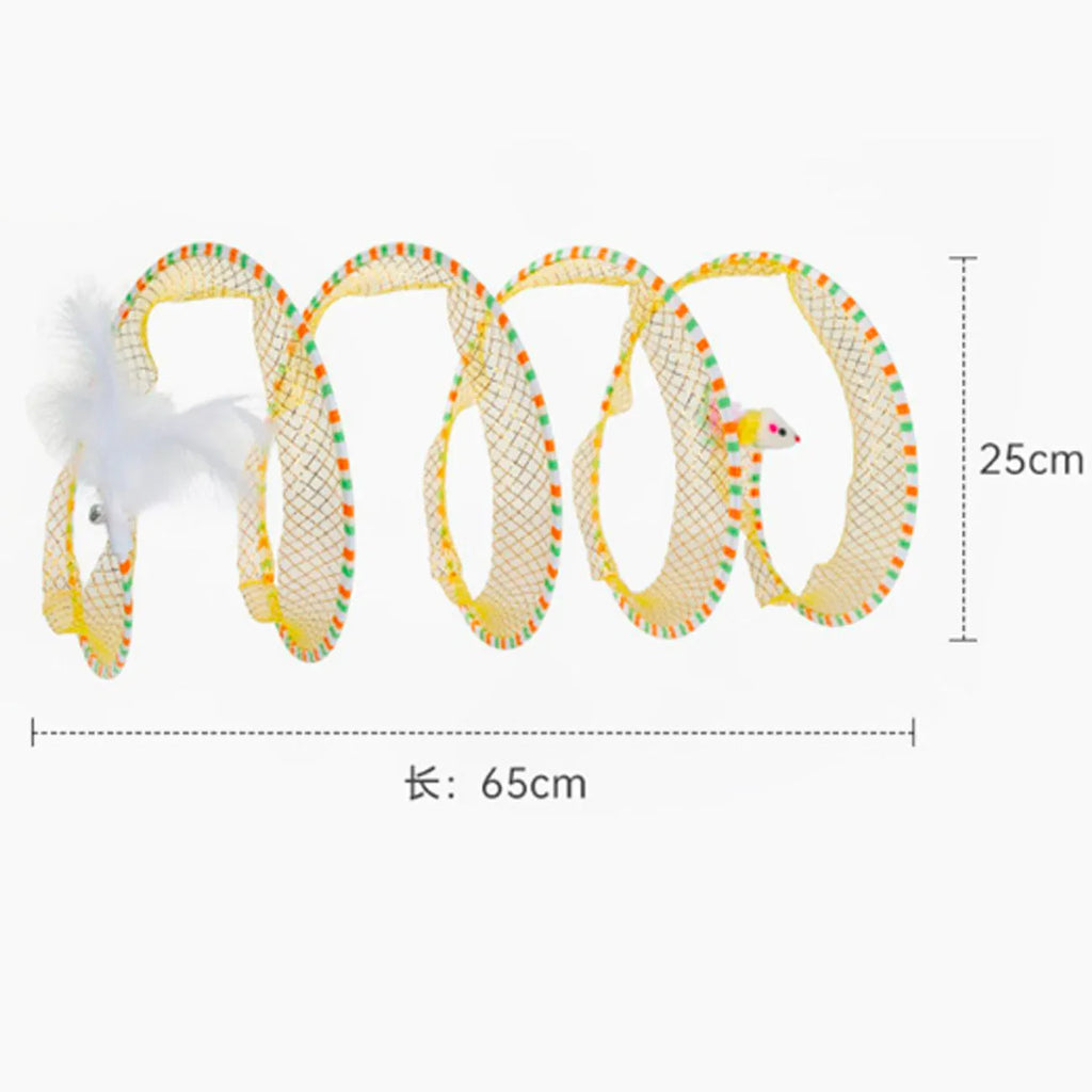Blue and yellow cat toy set showing a long teasing stick with feather and a collapsible fabric tunnel.