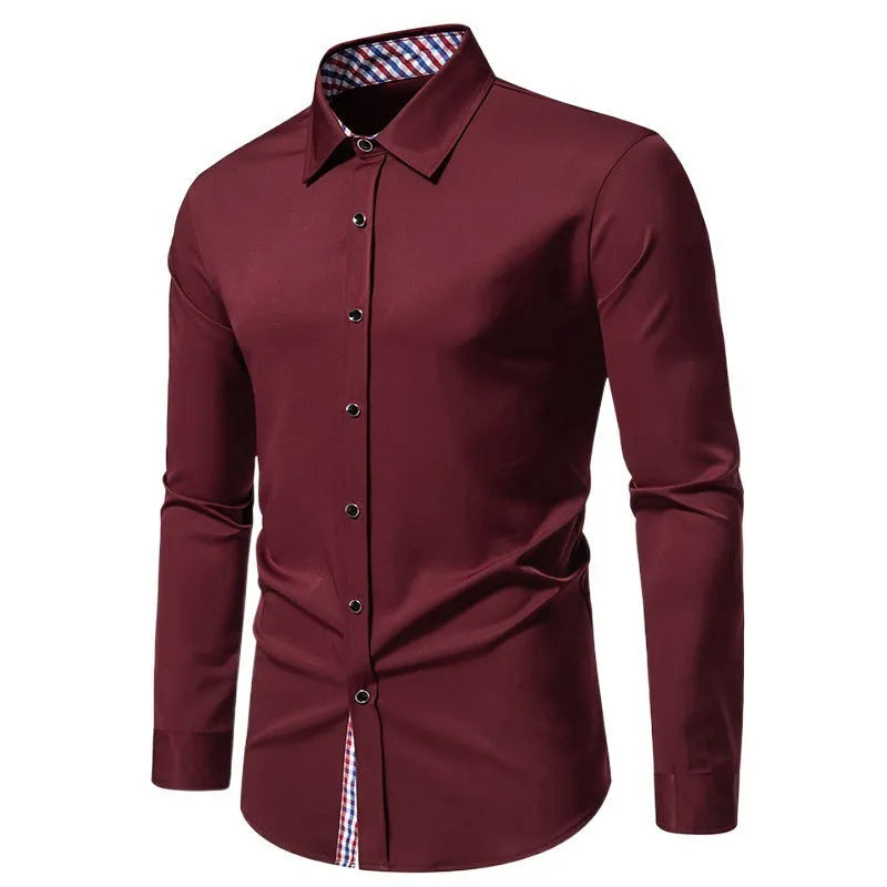 Men's loose plaid casual long-sleeved shirt in polyester blend fabric, available in multiple colours
