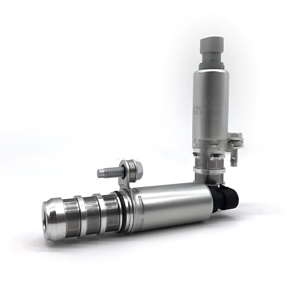 Pair of oil control VVT solenoid valves for Buick and Chevrolet engines on a white background.