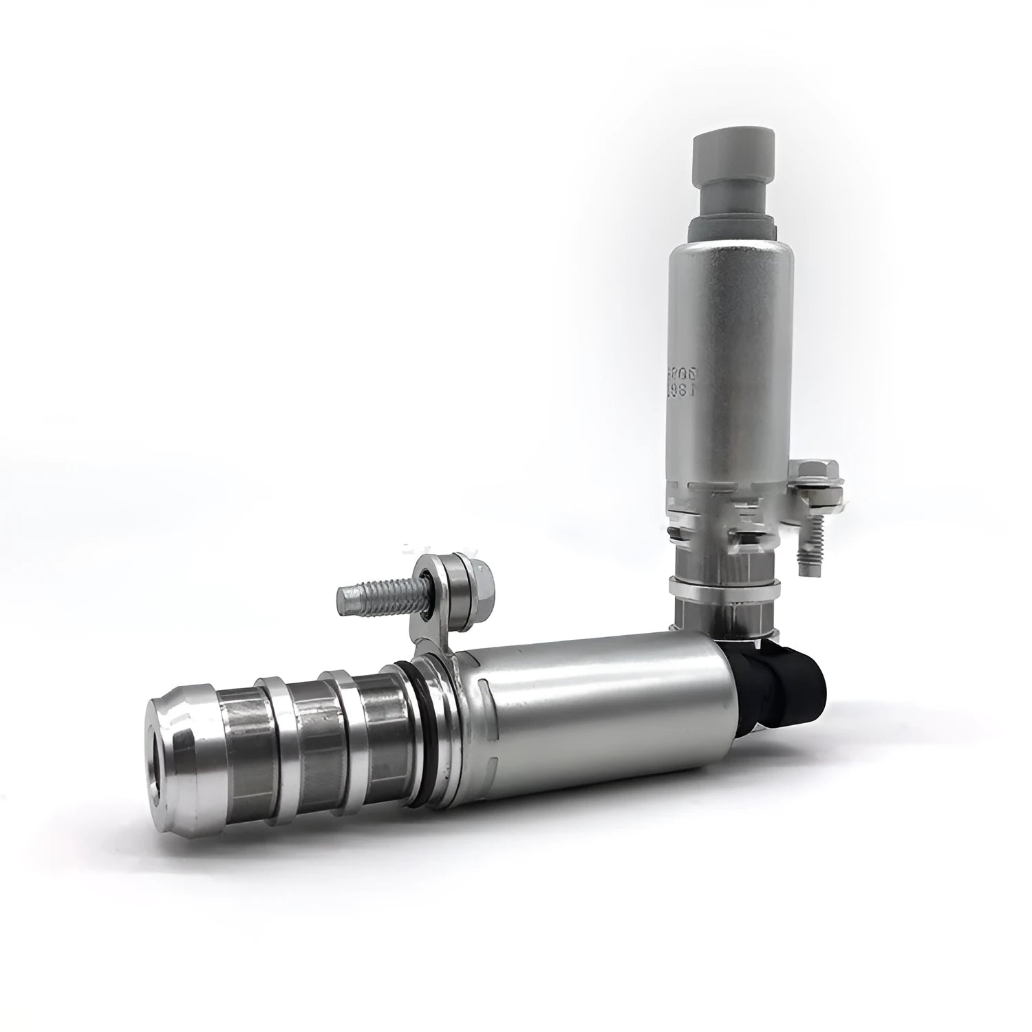 Pair of oil control VVT solenoid valves for Buick and Chevrolet engines on a white background.