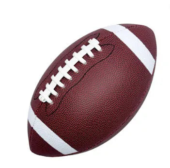 Machine sewn PU children's training American football in brown, shown with stitched seams and pointed ends for practice play