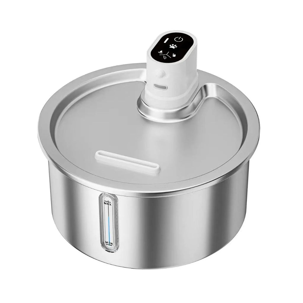 White stainless steel heated pet water fountain for cats and dogs on a countertop.