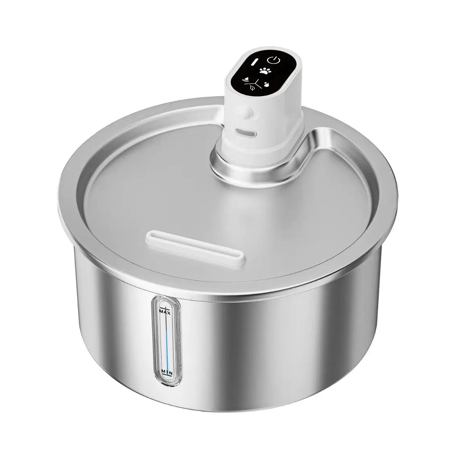 White stainless steel heated pet water fountain for cats and dogs on a countertop.