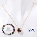 Natural stone beaded necklace and matching bracelet set laid flat.