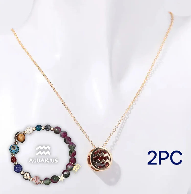 Natural stone beaded necklace and matching bracelet set laid flat.