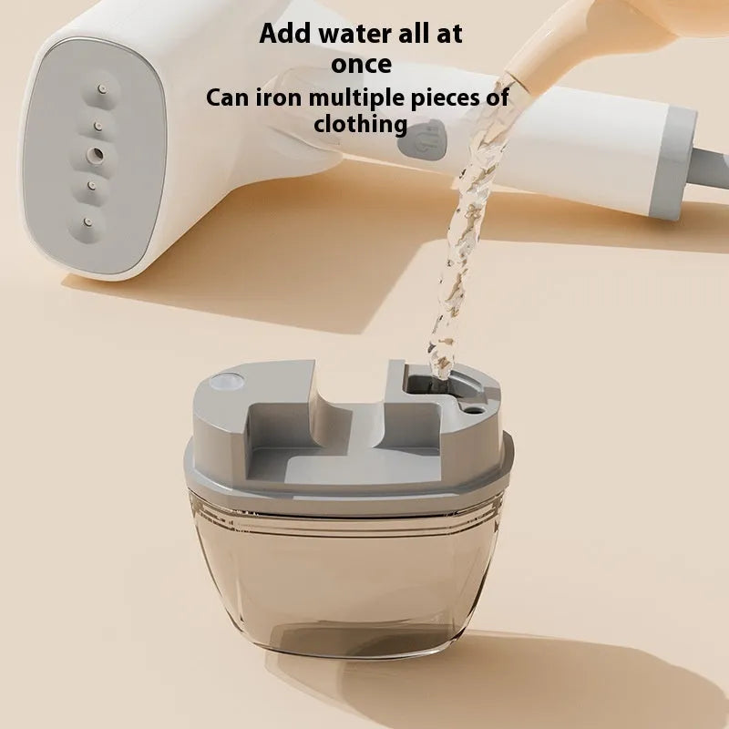 Blue and white handheld garment steamer with water tank and temperature control buttons