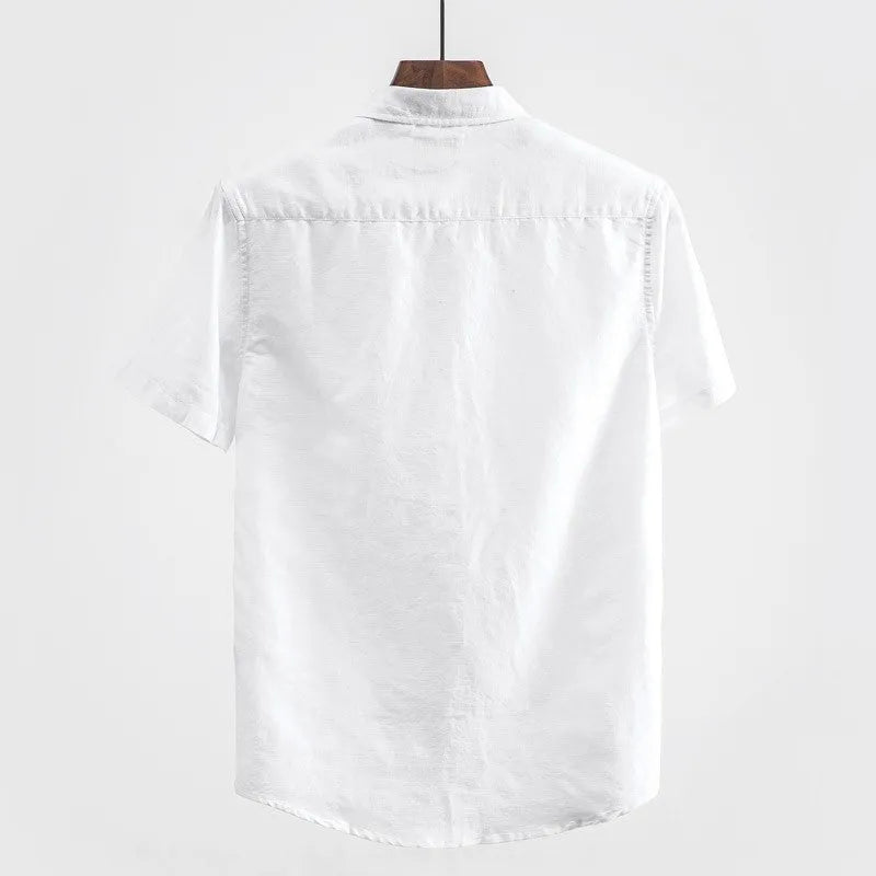 Men's square collar short sleeve shirt in linen blend fabric showing loose cardigan fit