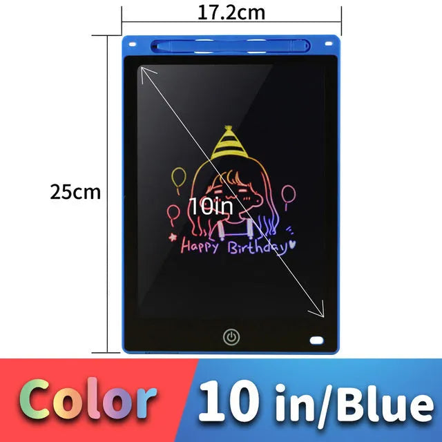 LCD drawing tablet with plastic stylus on colour screen showing child's drawing