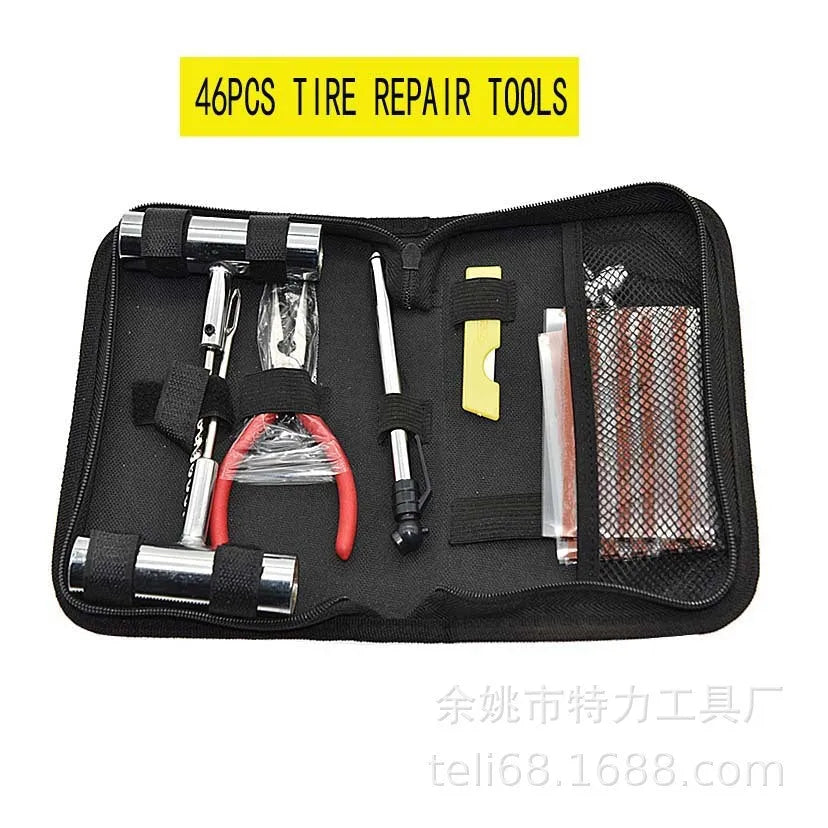 Quick First Aid cloth bag containing a 43-piece steel tyre repair tool kit for bicycles and motorbikes.