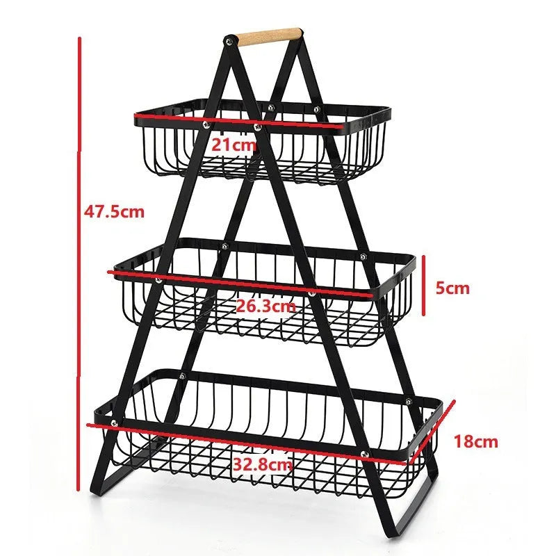 Black iron double-layer fruit basket with wooden handle, detachable storage rack for kitchen countertop