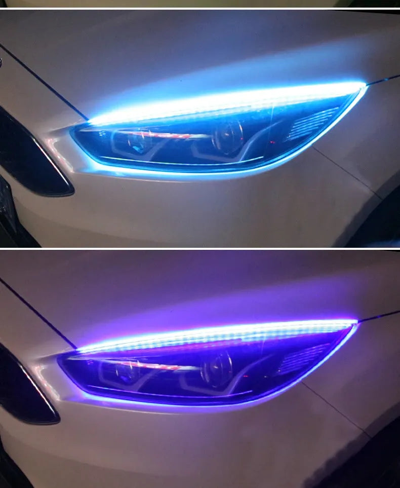 Remote-controlled RGB LED day running lights showing three length options for vehicle installation