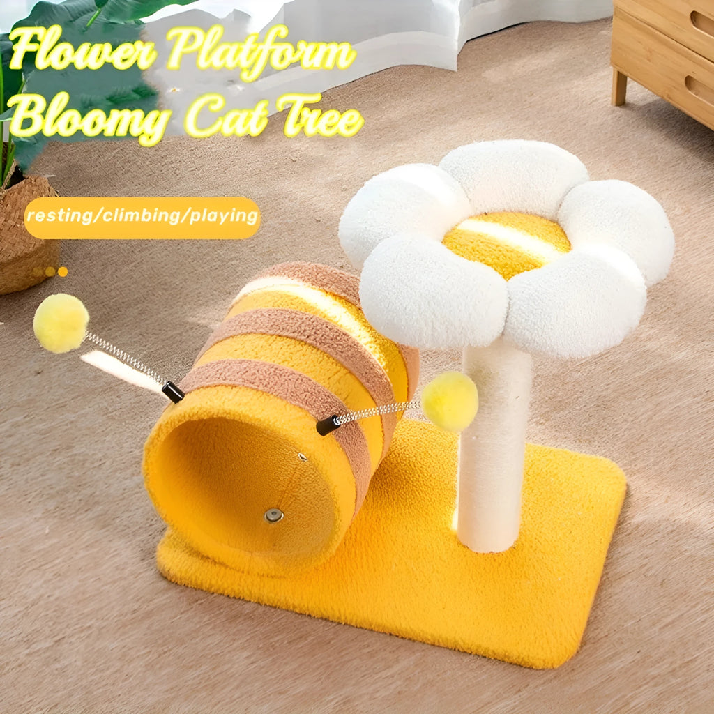 Yellow bee-themed cat climbing frame with sisal scratching board and tunnel measuring 46x36x25 cm