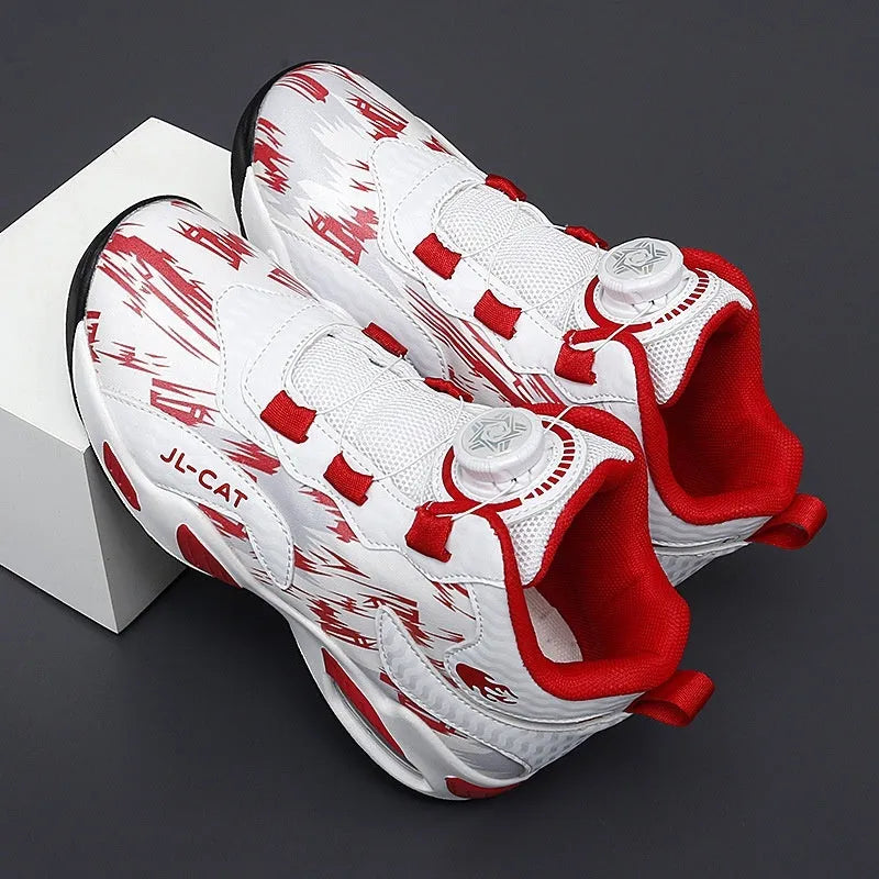 Boys' rotating button basketball shoes in black synthetic leather with cushioned PU sole