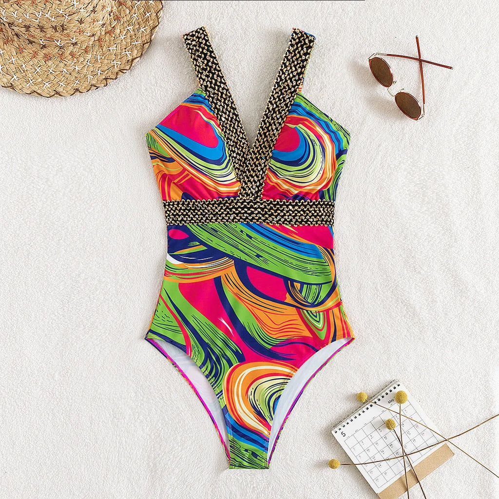 Women's deep V neckline one-piece swimsuit with spaghetti straps in polyester fabric