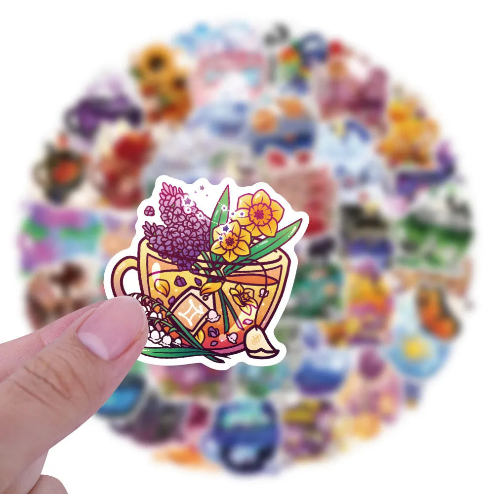 Pack of 50 colourful tea cup graffiti design vinyl stickers for scooter and luggage decoration