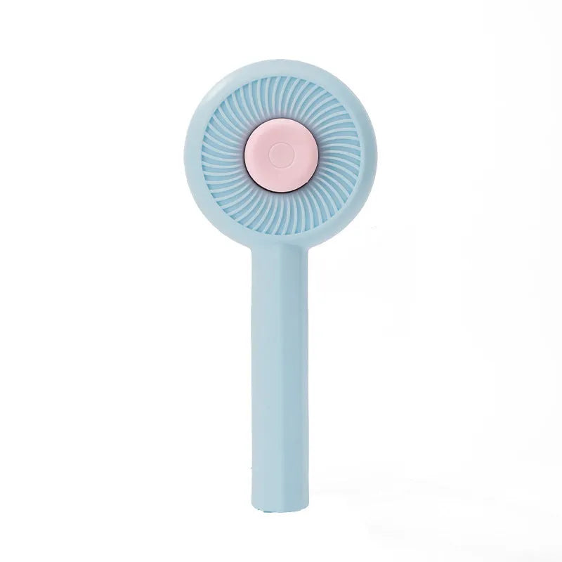 Blue pet grooming brush with angled bristles and self-cleaning button for cats and dogs