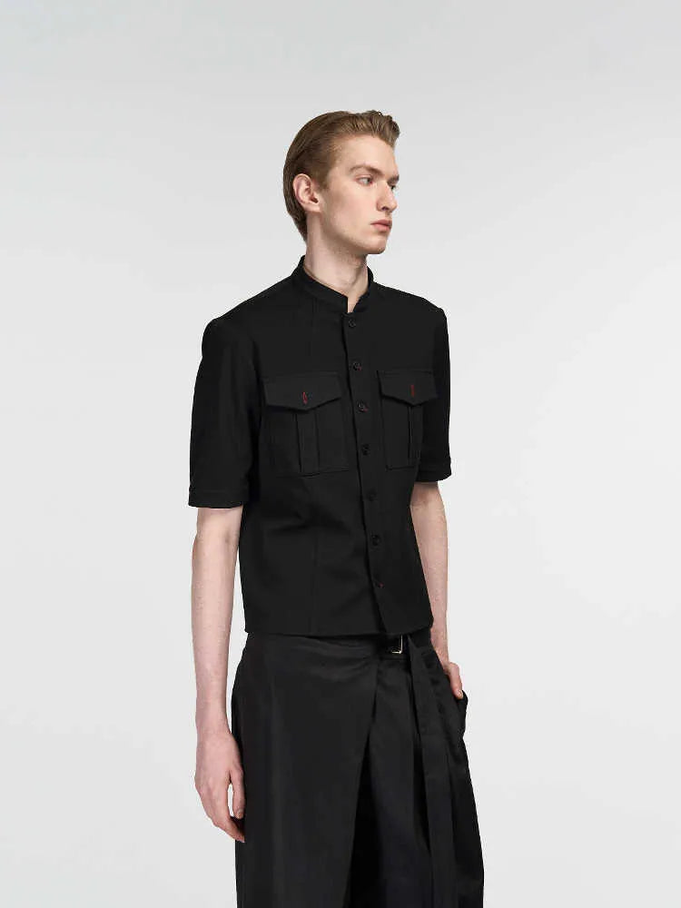 Black handmade men's loose fit half sleeve shirt with a shirt collar.