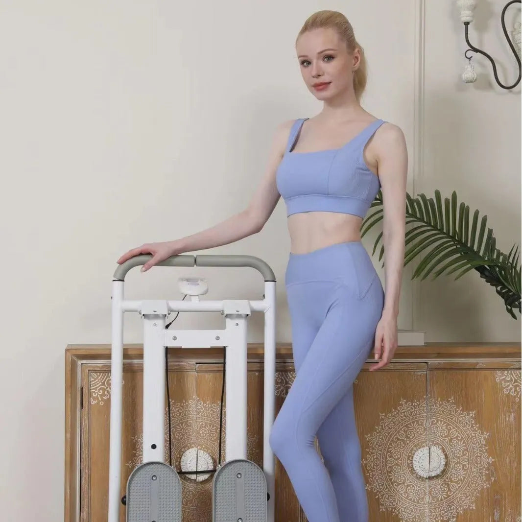 Foldable white home treadmill and climbing machine set with starlight white finish