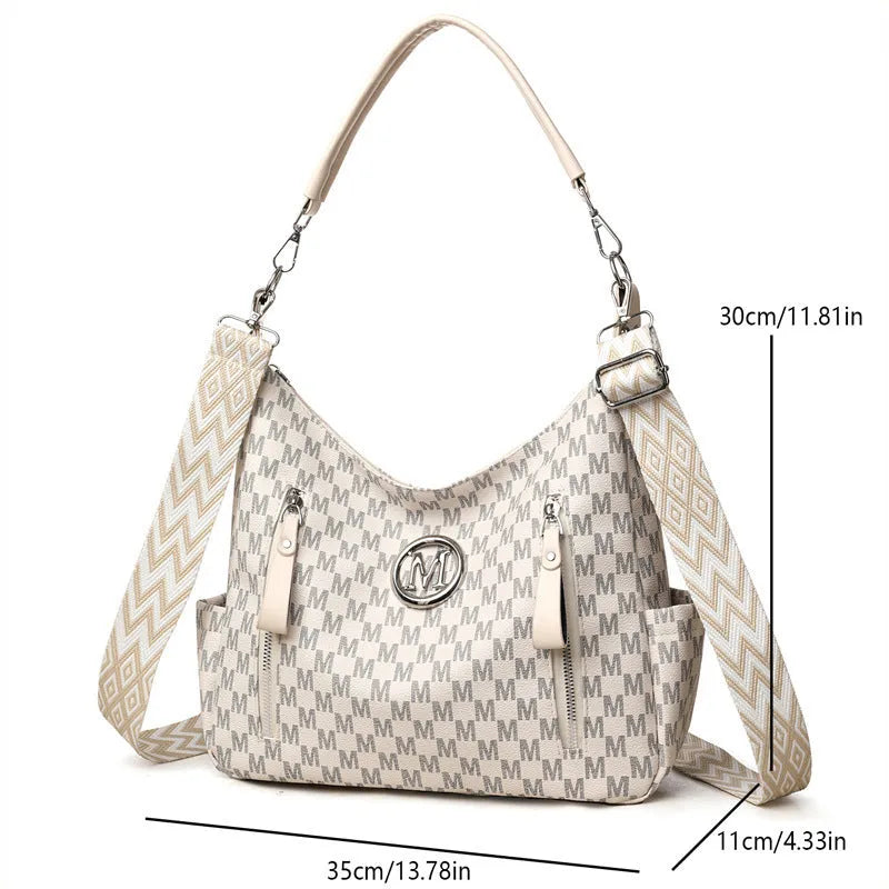 Retro simple printed shoulder messenger bag in PU leather with double straps and sandwich pocket