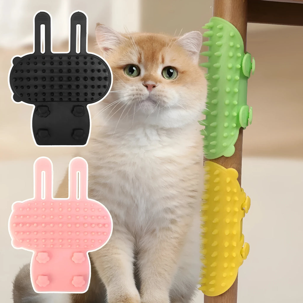 Adjustable silicone cat scratching comb mounted on a table leg in green colour.