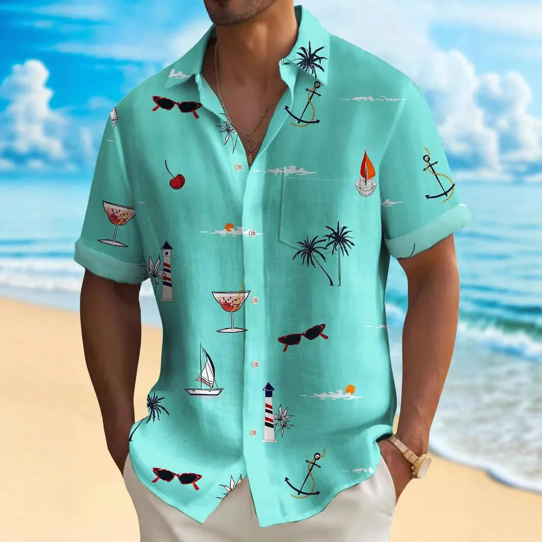 Man modelling a loose-fit, short-sleeve Hawaiian shirt with a colourful digital print pattern.