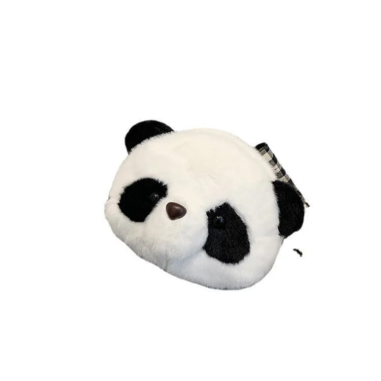 Soft plush panda head cylindrical crossbody bag with an outer sandwich pocket.