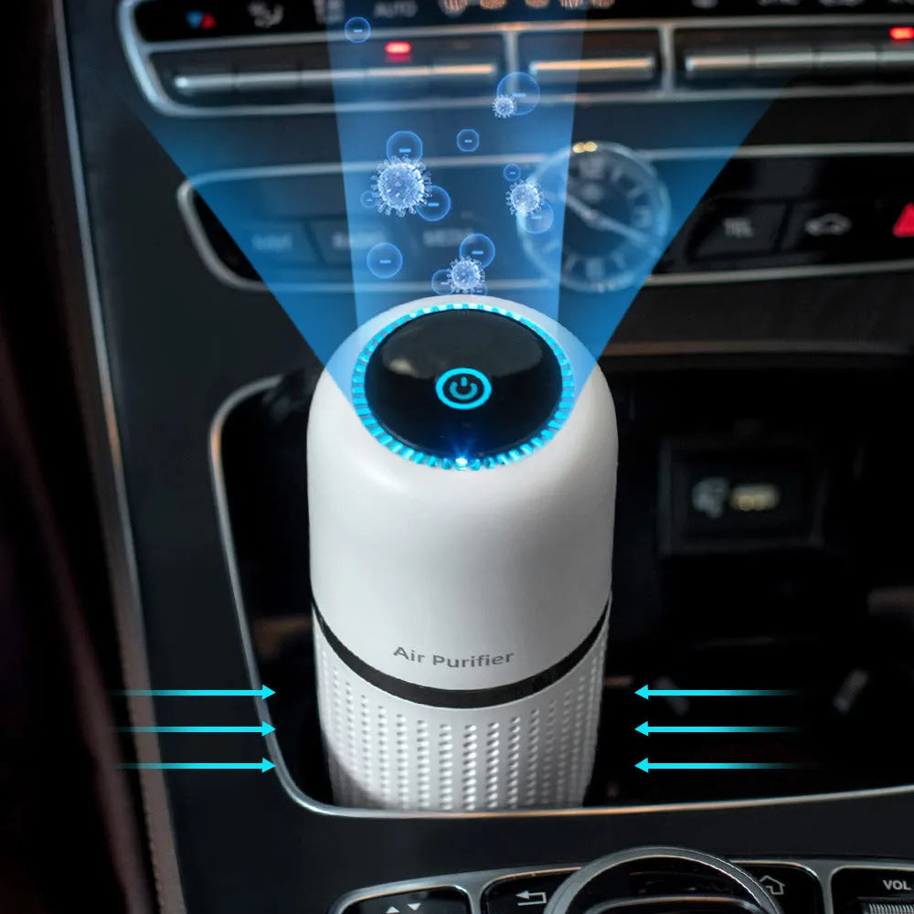 Car air purifier with negative ion formaldehyde removal, composite filter, touch control, USB power, black colour