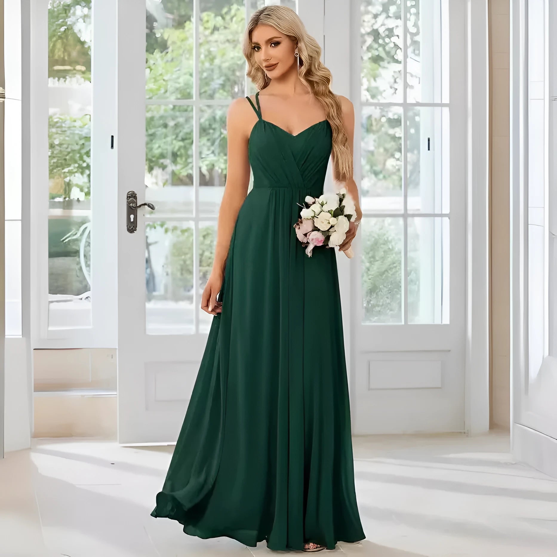 Sleeveless long pleated A-line women's dress in light green polyester fabric, shown on a model.