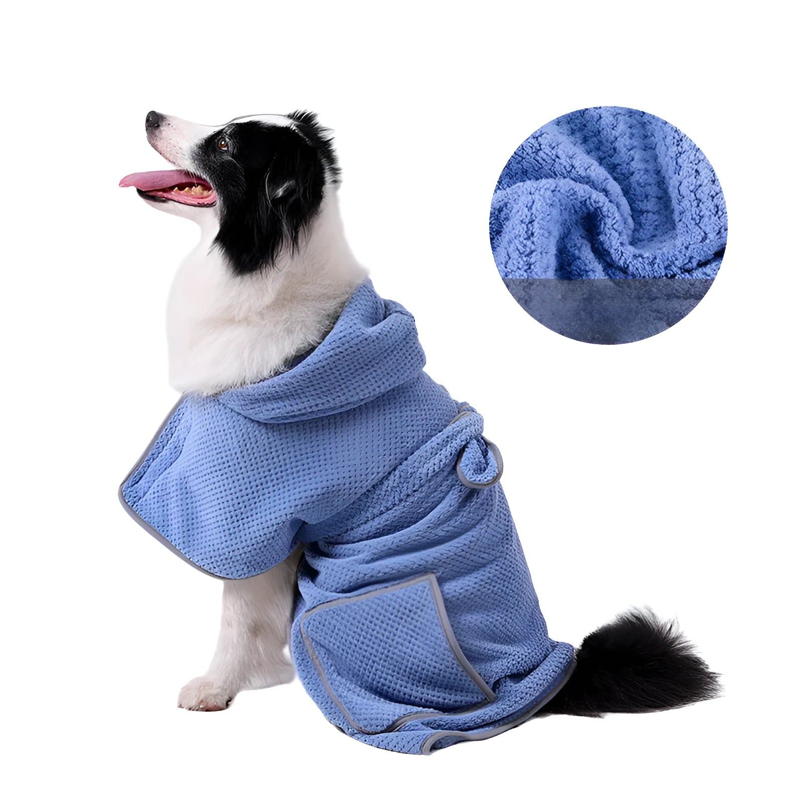Blue microfiber dog bath robe towel with adjustable waistband wrapped around a dog