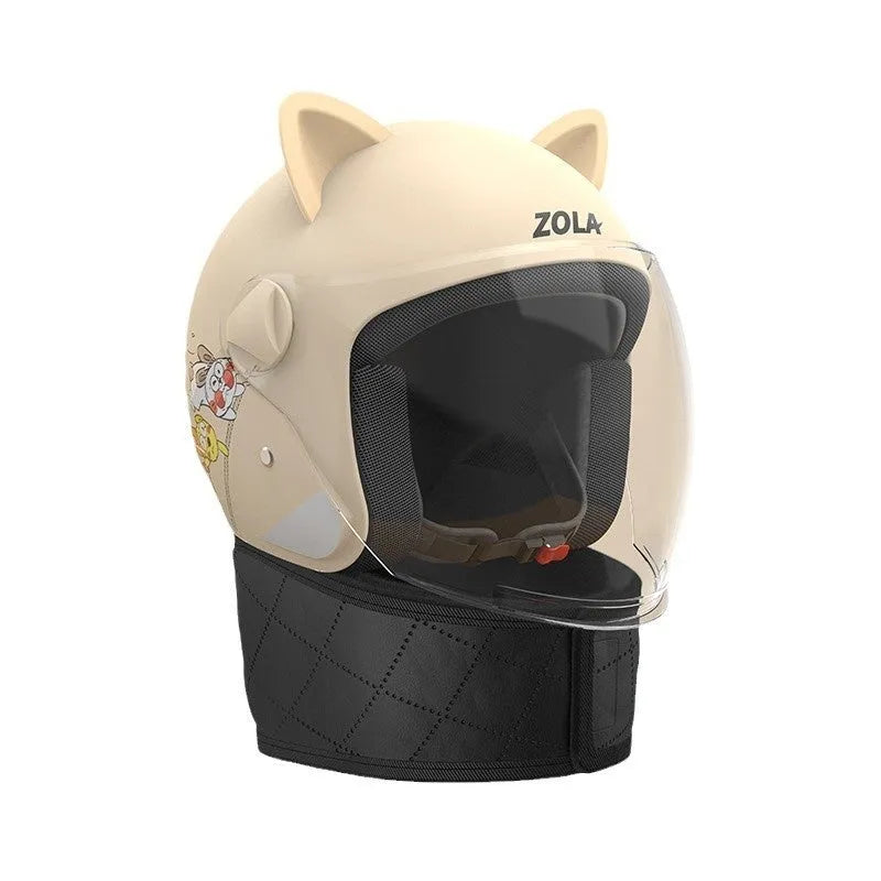 Winter electric bike helmet with attached scarf and ear covers, HD anti-fog visor, in blue colour.
