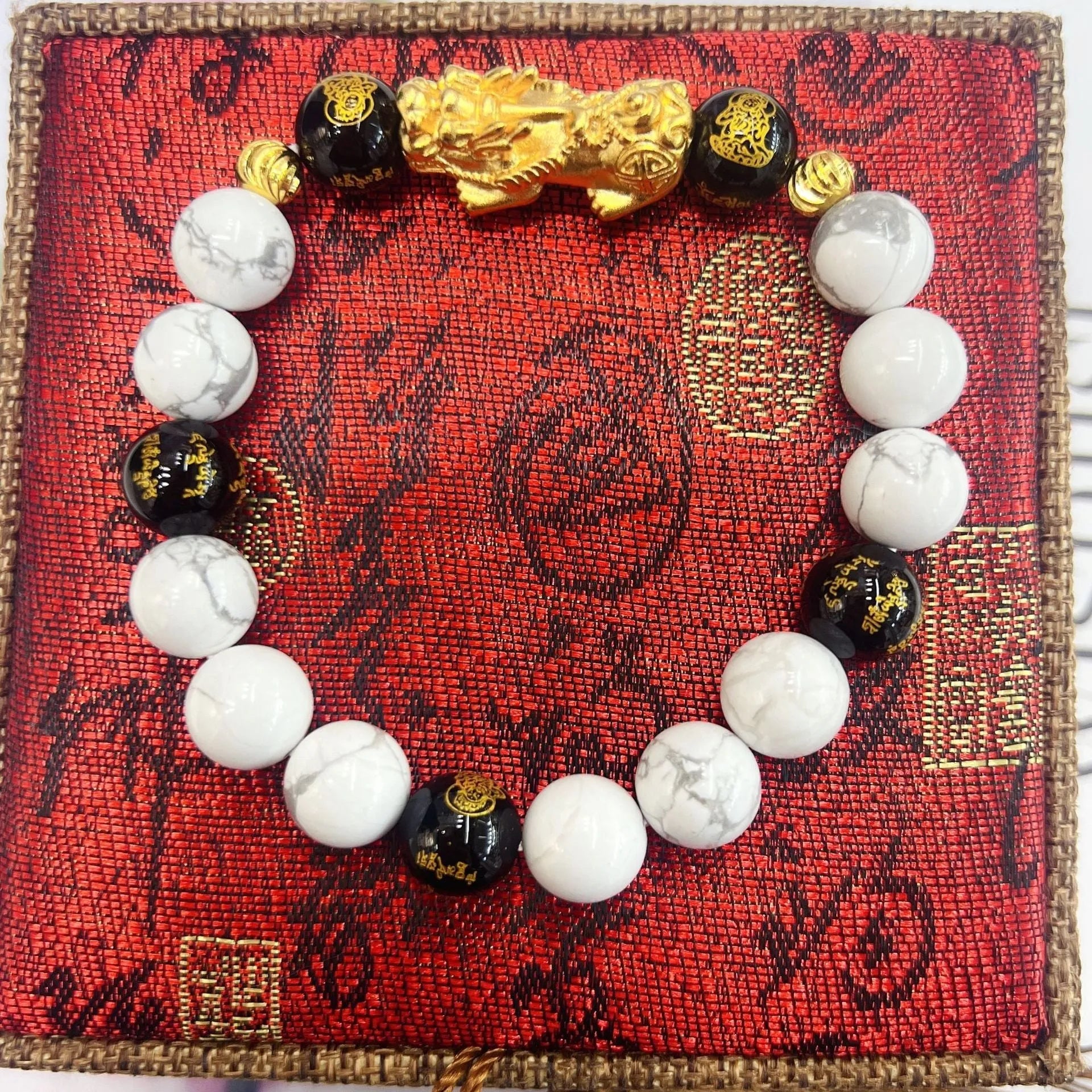 Handmade vintage bracelet with white turquoise and black agate stones for couples