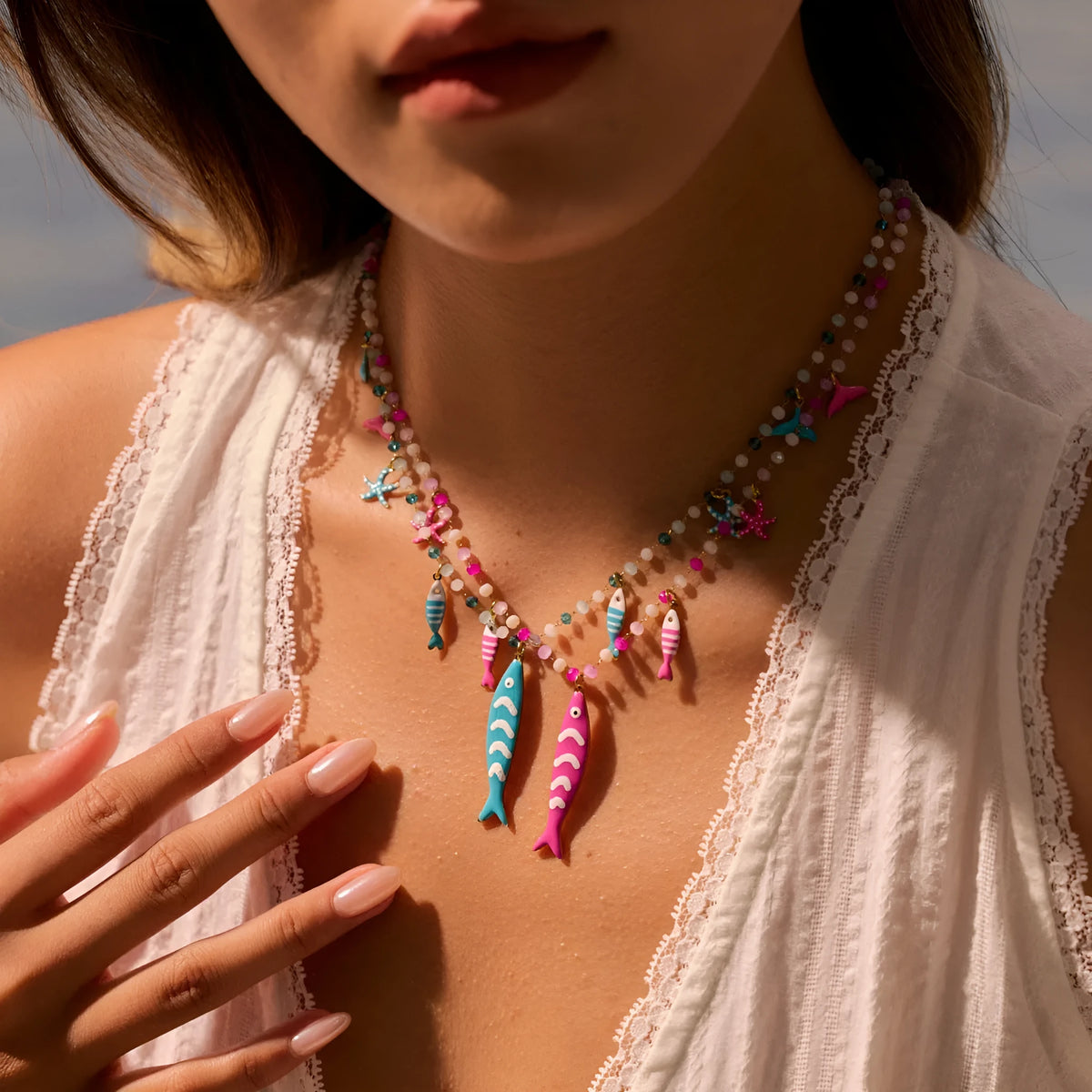Stainless steel fish pendant necklace with colourful beads, 18K electroplated, pink or blue, 41-50cm chain