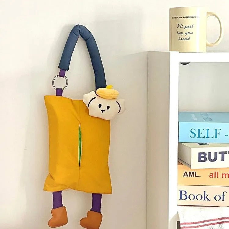 Soft plush hanging car tissue bag in hat dog design, showing hanging loop and pouch.