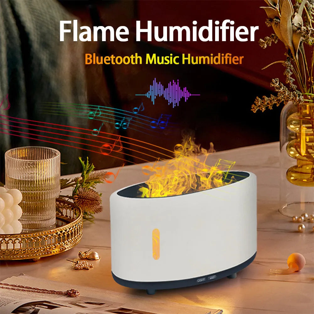 Flame humidifier aromatherapy machine with Bluetooth remote control showing LED flame effect
