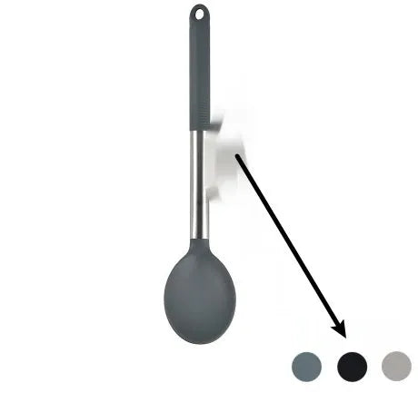 12-piece silicone kitchen utensil set in rotating storage bucket, showing spatula, ladle, and other tools.