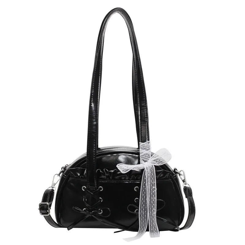 Women's casual PU leather shoulder handbag with a bandage bow detail, shown in beige colour.