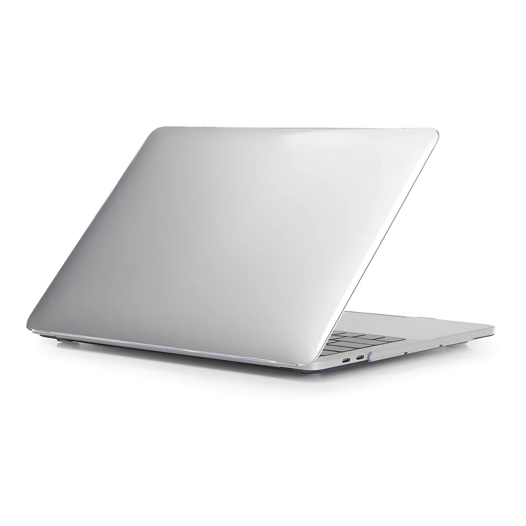 Black PC hard shell protective case fitted on a silver MacBook Pro laptop.