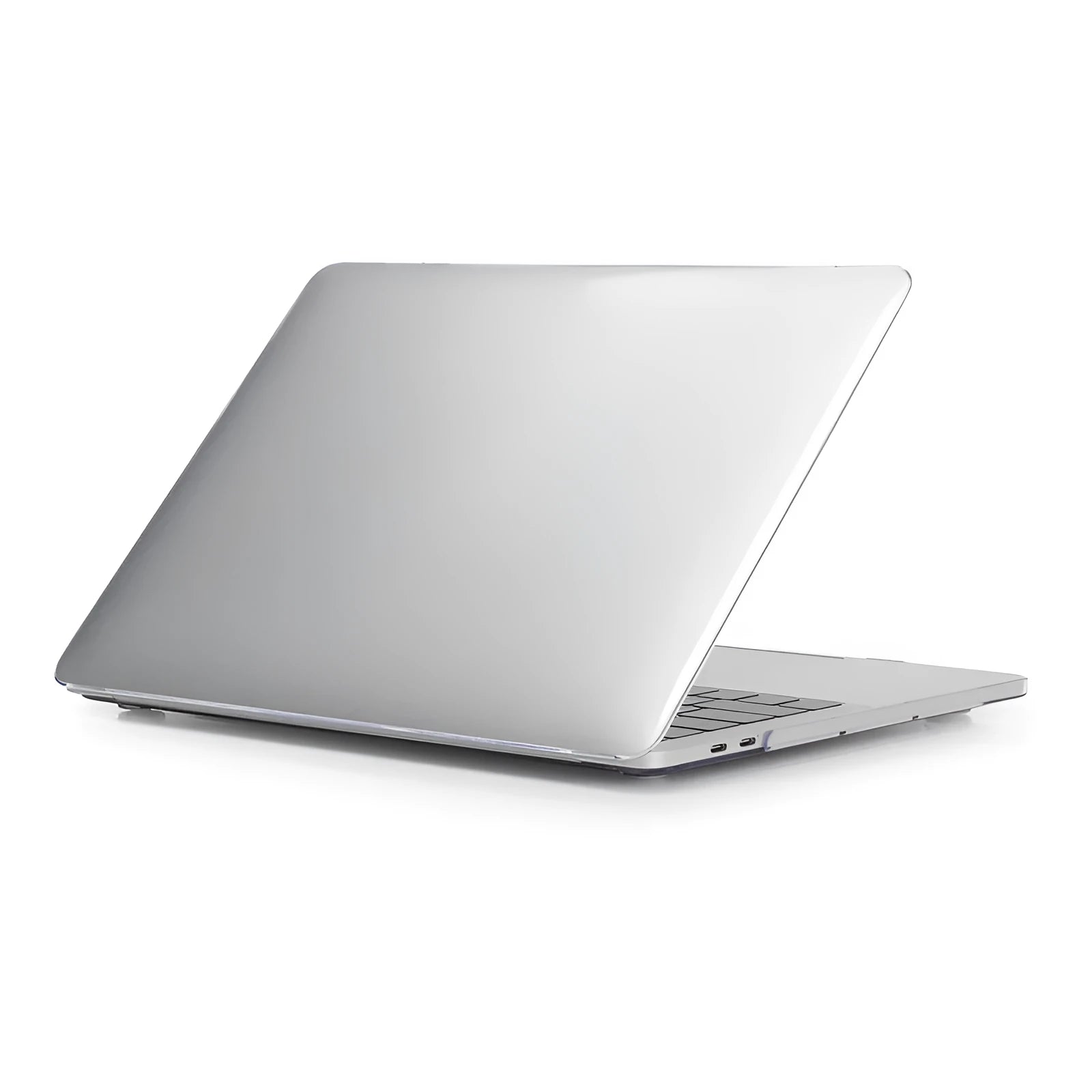 Black PC hard shell protective case fitted on a silver MacBook Pro laptop.