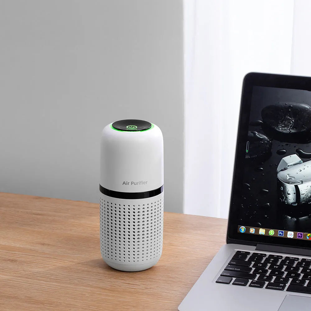 Car air purifier with negative ion formaldehyde removal, composite filter, touch control, USB power, black colour