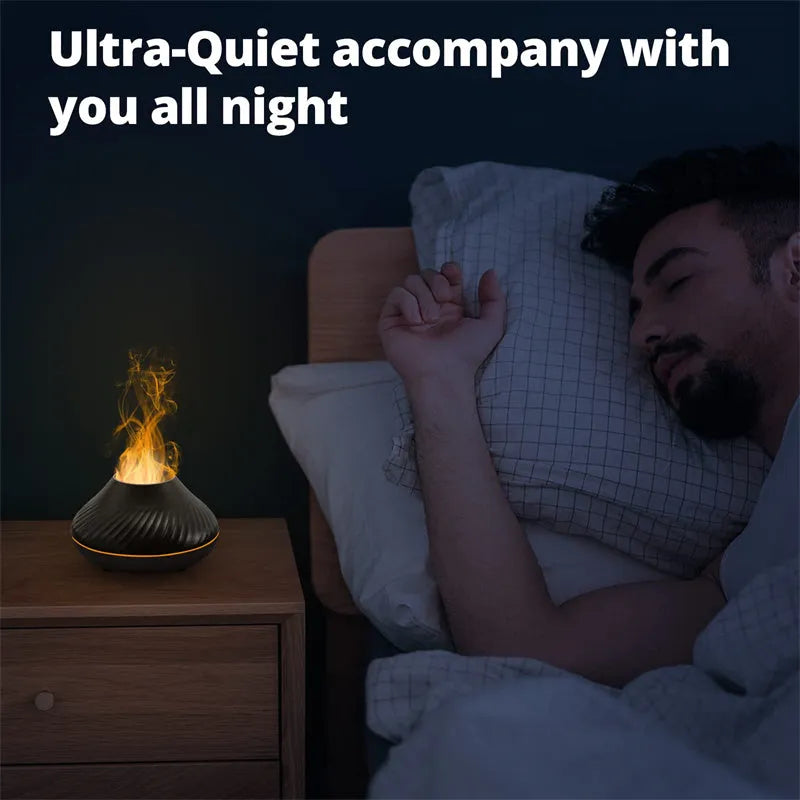 Beige aromatherapy diffuser with LED flame effect lighting and mist output
