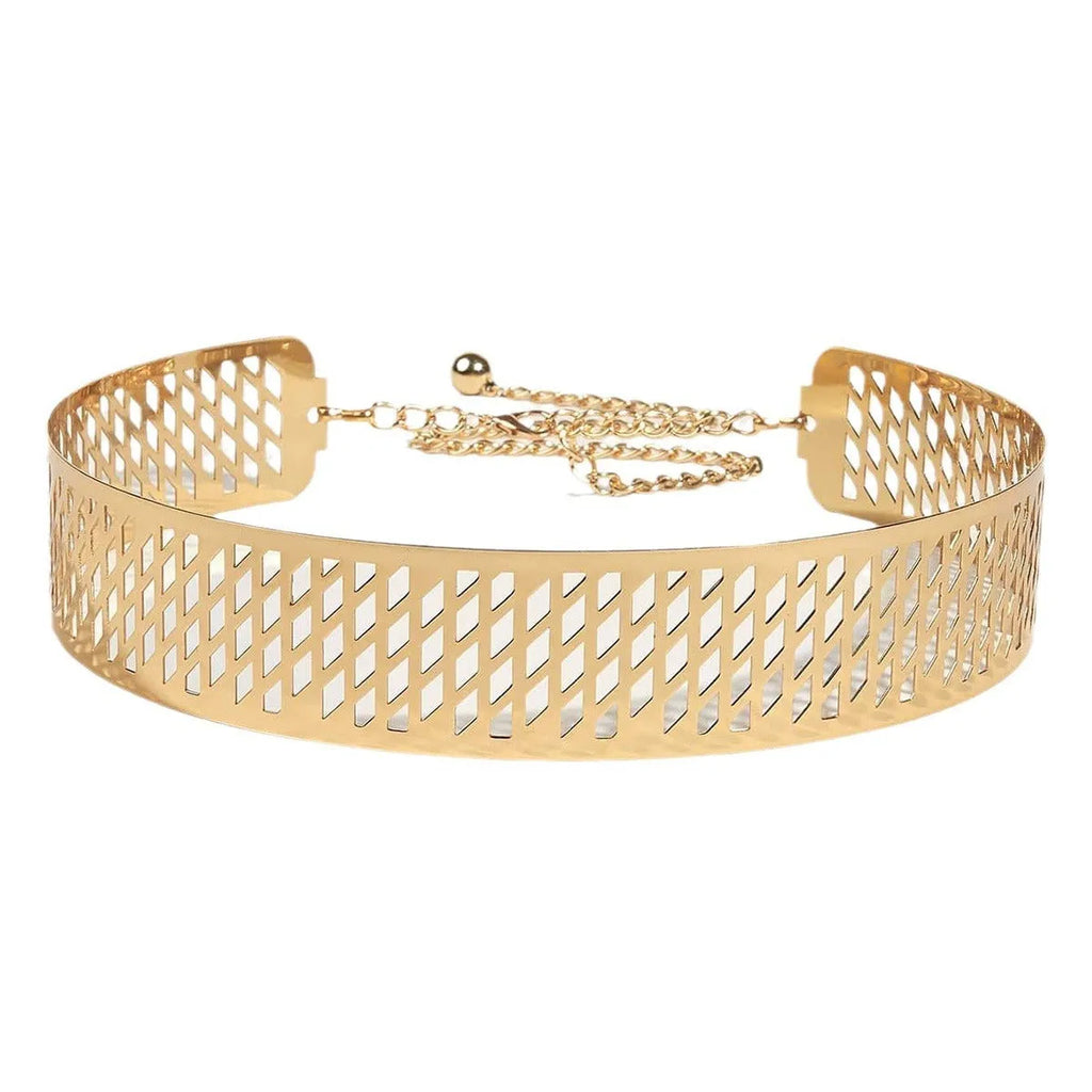 Gold iron waist ring belt with detailed lantern design, 4.5cm wide with alloy hook buckle.