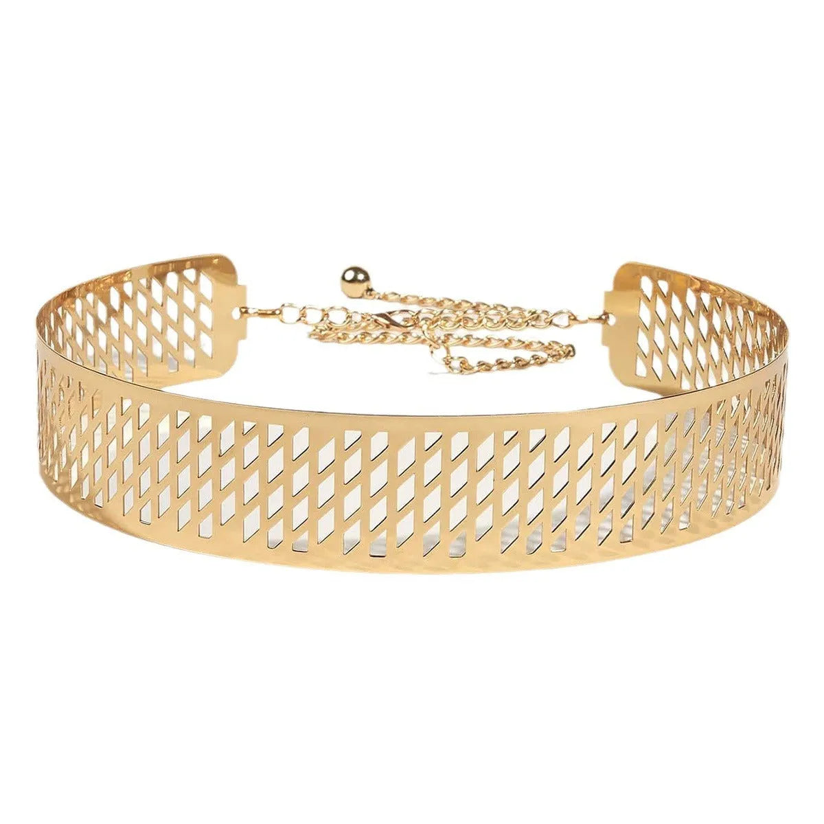 Gold iron waist ring belt with detailed lantern design, 4.5cm wide with alloy hook buckle.