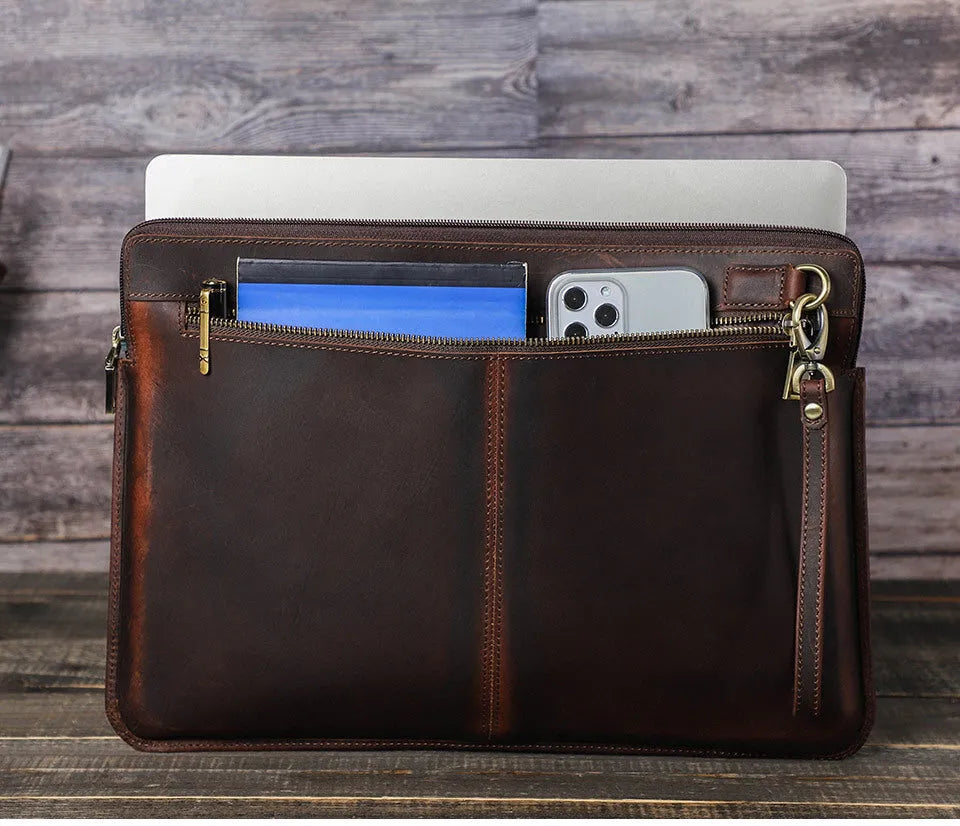 Brown Crazy Horse leather zipper computer bag for MacBook Pro 15.4 inch