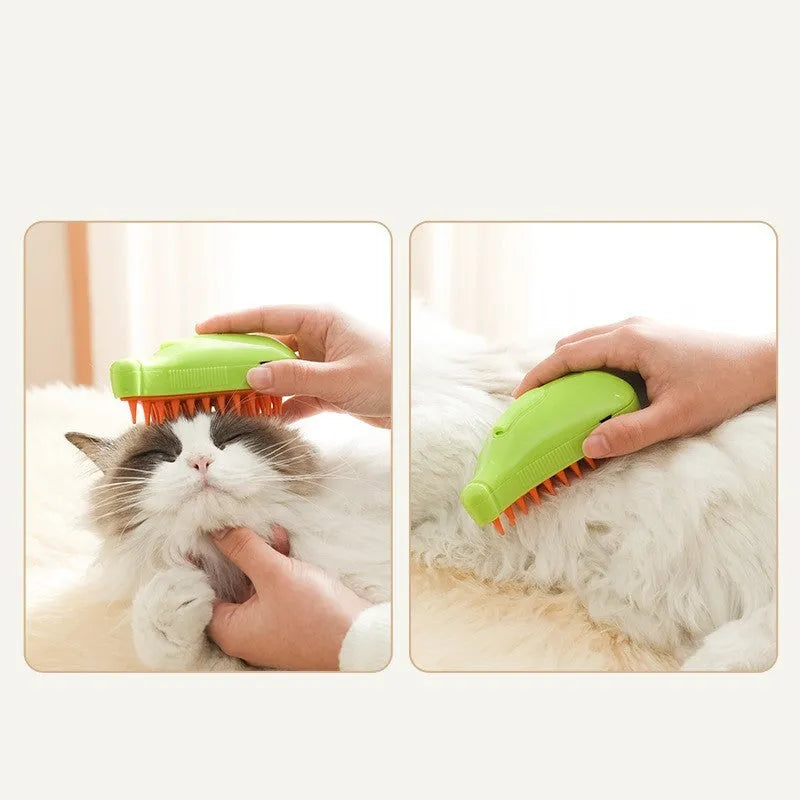 3-in-1 rechargeable pet steam brush for cats and dogs, green and yellow, with steamy spray and massage comb