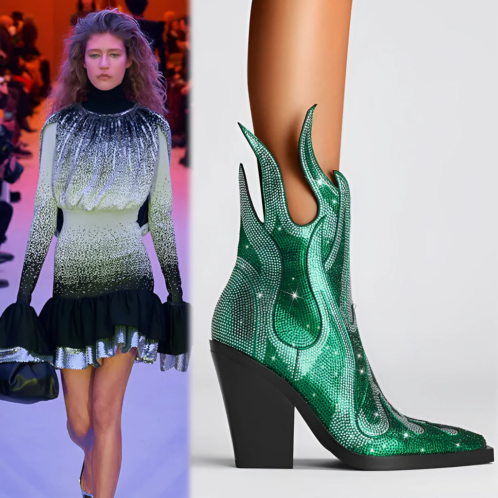 Women's square toe Martin boots with chunky heel, rhinestone flame design, and side zipper in multiple colours